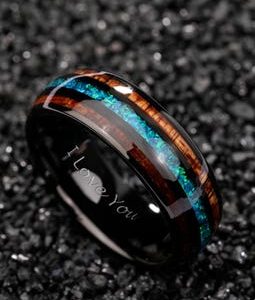 Koa Wood Black Tungsten Carbide Ring,  Blue Opal Tungsten Ring, Hawaiian Wood Opal Wedding Bands, Wood Mens Wedding Band,Wooden Ring for Men