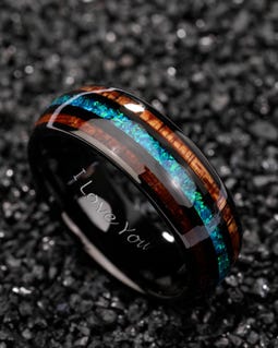 Koa Wood Black Tungsten Carbide Ring, Blue Opal Tungsten Ring, Hawaiian Wood Opal Wedding Bands, Wood Mens Wedding Band,Wooden Ring for Men