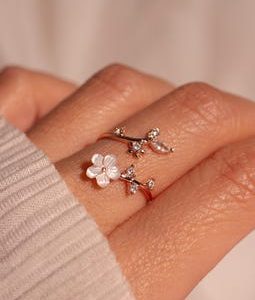 Birth Flower Ring 925 Sterling Silver Mother of Pearl Sakura Rings Adjustable Delicate Personalized Birthstone Gift