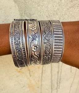 Set of 4 Bangle, 925 Sterling Silver, Handmade Woman Jewellery, Flower Design Bangle, Bohemian Bangle, Gift For Mom, Heavy Bangle Love Gift