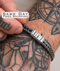 Personalized Mens Bracelet, Husband Gift, Stainless Steel Bracelet For Dad With Kids Name, Family Name Bracelet, Personalize Daddy Bracelet