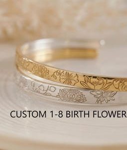 Personalized Cuff For Mom, Birth Flower Bracelet, Mummy Bracelet, Secret Message Bangle, Engraved Gold Cuff Bracelet, Mother Jewelry
