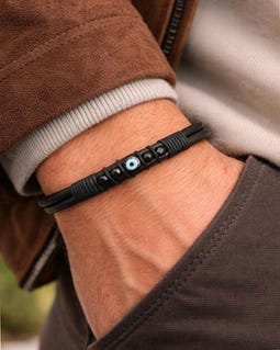 Black Tourmaline and Evil Eye Protection Bracelet, Mens Leather Bracelet, Healing Crystals, Spiritual Jewelry