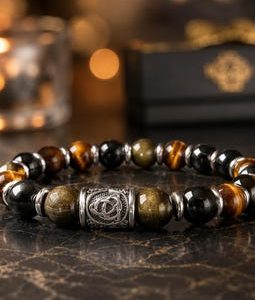 Black Obsidian Bracelet for Men, Celtic Protection Symbol, Golden Sheen Obsidian & Tiger Eye, 10mm Beads, Meaningful Gift for Him
