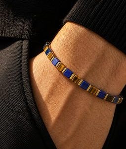 Tiger Eye Bracelet, Lapis Lazuli, 4mm Square Beads, Gold-Plated Hematite, Adjustable Gift for Him